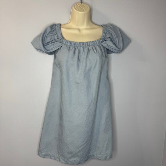 Reformation A-line Off Shoulder Chambray Linen Blend Mini Dress Romantic Sz XS - Picture 2 of 12